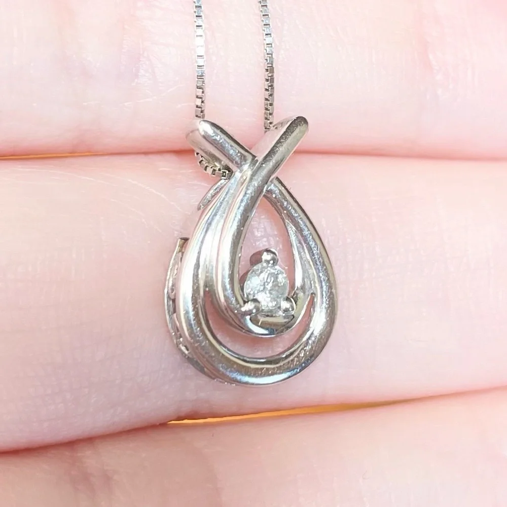10k double loop filigree open circle .08 diamond solid white gold necklace - Picture 1 of 11